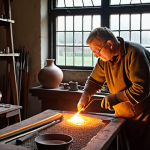 ** A glassblower in a traditional Dutch workshop, carefully shaping molten glass with a long metal tool. The workshop is filled with tools and equipment, and light streams in from a window overlooking a canal. The atmosphere is warm and focused, showcasing the artisan's skill. The color palette is warm and inviting, think of traditional Dutch paintings.

**