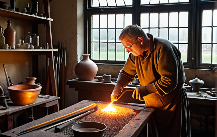 ** A glassblower in a traditional Dutch workshop, carefully shaping molten glass with a long metal tool. The workshop is filled with tools and equipment, and light streams in from a window overlooking a canal. The atmosphere is warm and focused, showcasing the artisan's skill. The color palette is warm and inviting, think of traditional Dutch paintings.

**