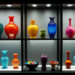 **Image Prompt:** A well-lit display cabinet filled with colorful glass objects (vases, figurines, bowls). Some objects are on risers to create varied heights. Soft LED lighting highlights the details and colors. A plush, dark background creates contrast.
