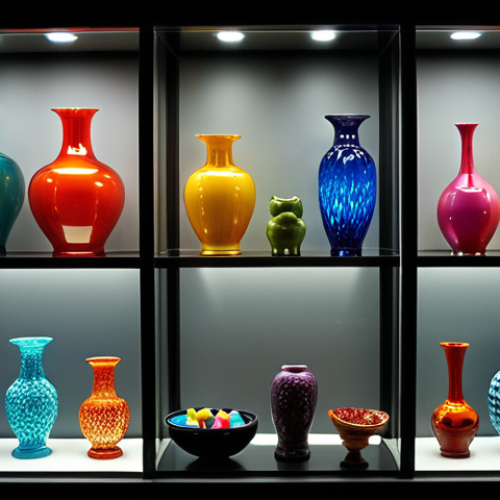 **Image Prompt:** A well-lit display cabinet filled with colorful glass objects (vases, figurines, bowls). Some objects are on risers to create varied heights. Soft LED lighting highlights the details and colors. A plush, dark background creates contrast.