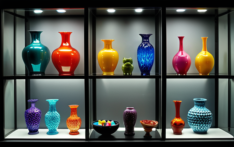 **Image Prompt:** A well-lit display cabinet filled with colorful glass objects (vases, figurines, bowls). Some objects are on risers to create varied heights. Soft LED lighting highlights the details and colors. A plush, dark background creates contrast.