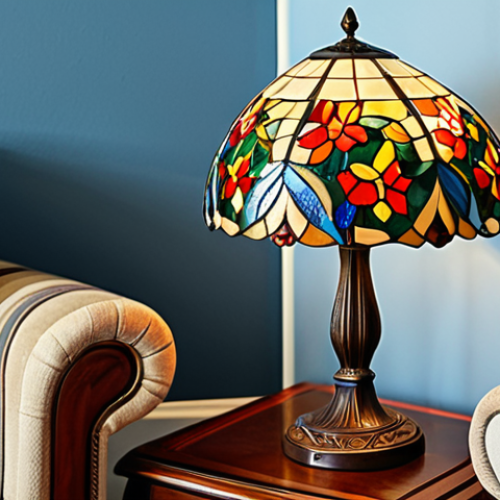 Home 20 **
"A brightly colored stained glass lamp sitting on a wooden side table in a cozy living room. The lamp features a floral design with vibrant blues, reds, and yellows. The room is decorated in a comfortable, family-friendly style with a warm, inviting atmosphere. Fully clothed, appropriate content, safe for work, professional photography, perfect anatomy, natural proportions, well-formed hands, proper finger count, modest decor."
**