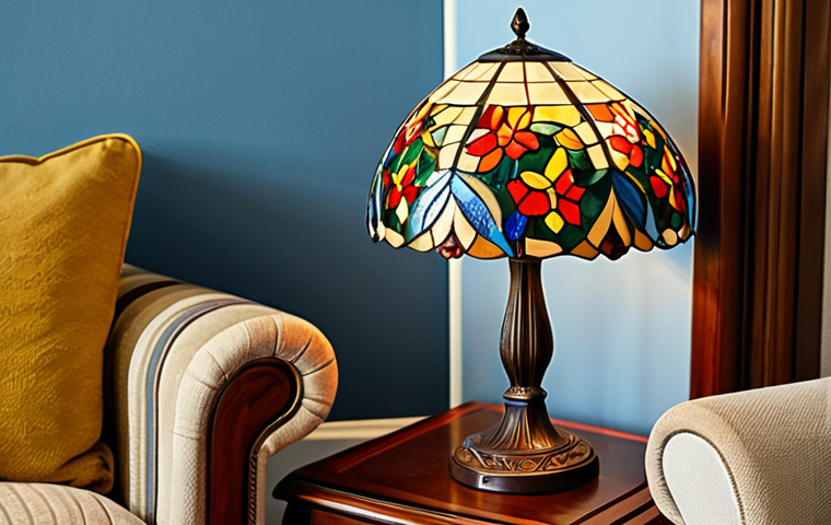 **

"A brightly colored stained glass lamp sitting on a wooden side table in a cozy living room. The lamp features a floral design with vibrant blues, reds, and yellows. The room is decorated in a comfortable, family-friendly style with a warm, inviting atmosphere. Fully clothed, appropriate content, safe for work, professional photography, perfect anatomy, natural proportions, well-formed hands, proper finger count, modest decor."

**