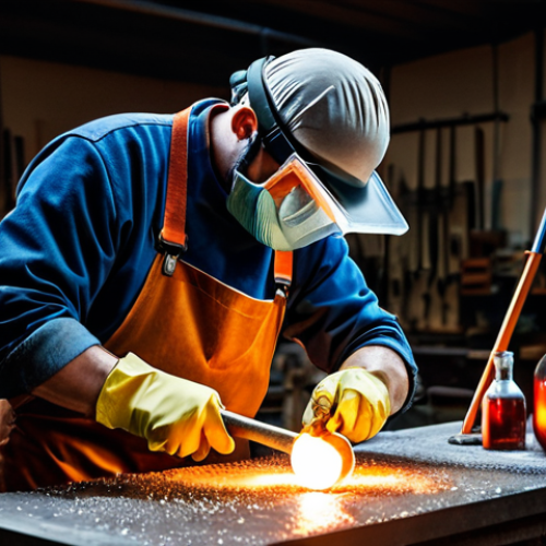 Home 8 유리공예와 판유리 가공 기술 - Glassblowing**
"A glassblower in a workshop, shaping molten glass with tools, fully clothed in appr...