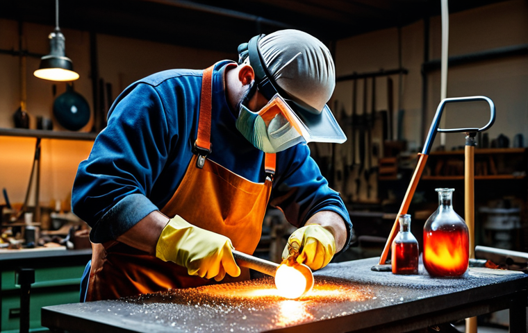 유리공예와 판유리 가공 기술 - Glassblowing**
"A glassblower in a workshop, shaping molten glass with tools, fully clothed in appr...